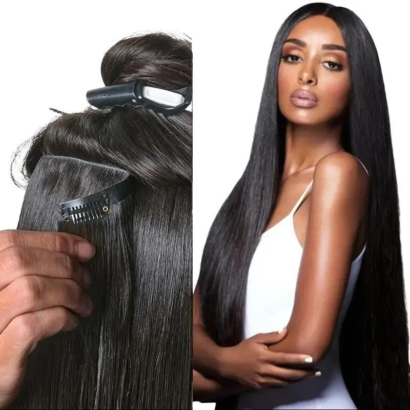 LUVME 100% Virgin Human Hair Extensions Seamless & Invisible Edge Straight, Body Wave, Kinky Curly, Yaki Straight, Messy Burmese Curl Clip-In