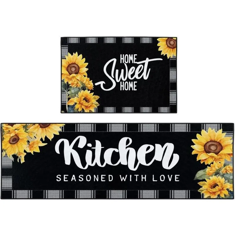 kitchen anti slip carpet floor mat, sunflower American pastoral style themed decorative kitchen floor mat, soft and comfortable flannel anti slip kitchen floor mat, suitable for kitchen, dining room, laundry room, room decoration floor mat