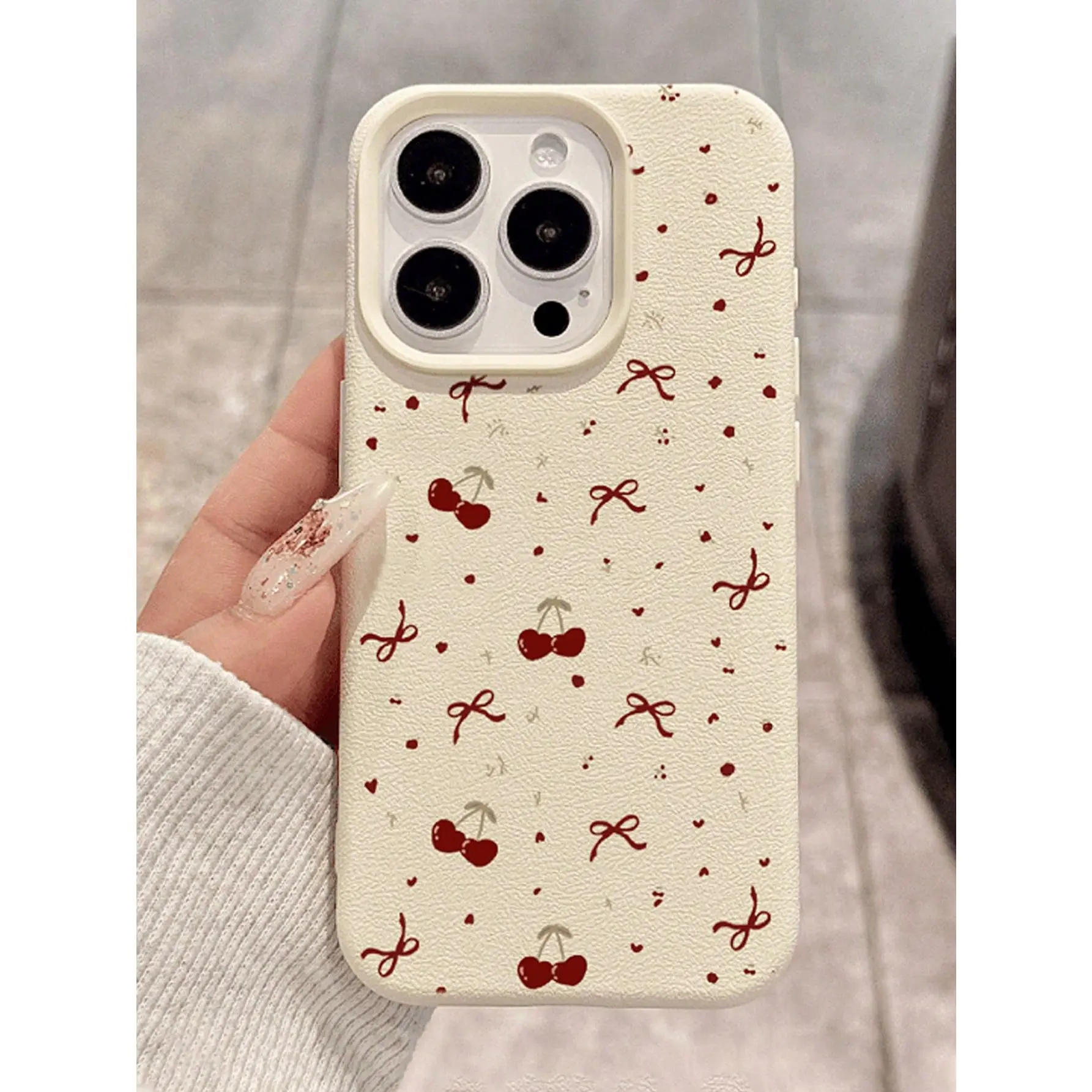 A cherry bow pattern TPU leather-textured elegant full-body protective phone case, suitable for iPhone 17/16/15/14/13/12/11/X/XS/XS Max. It makes a great gift for friends, family, or yourself., Cover, Accessories, Smartphone summerwins,