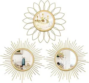 3 Pack Metal Mirrors for Wall Sunburst Wall Mirrors Home Décor Decorative Hanging Wall Art for Living Room Bedroom Entryway (Black, Flower+Sunburst)