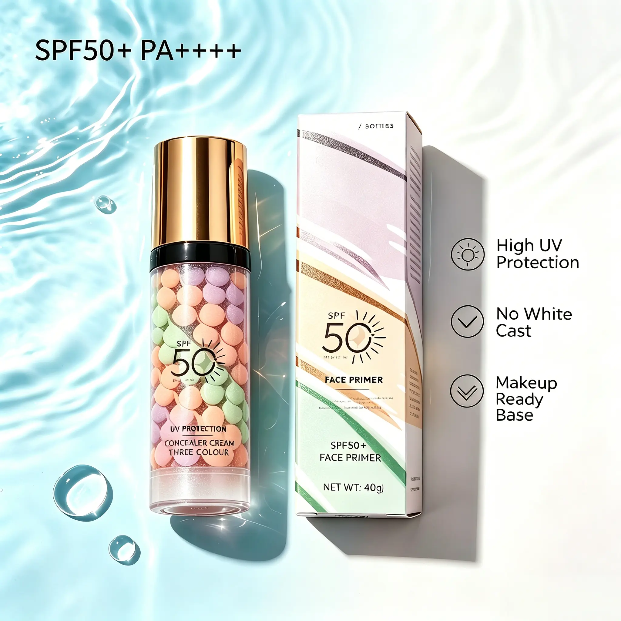 3-in-1 Facial Color Correcting Sunscreen Primer SPF50+ PA++++ (40g) - High UV Protection Redness Corrector Makeup Base and Primers, Lightweight Non-Greasy, No White Cast, Suitable for All Skin Types