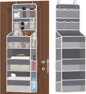 5-Tier Adjustable Over the Door Organizer with Mesh Compartments, Modern Baby Nursery Closet Organization Solution for Bathroom & Bedroom, Hanging Storage for Cosmetics, Books & Essentials (Dark Grey)