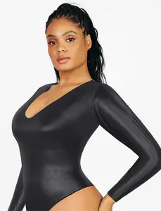 Popilush The Shapewear Bodysuit Long Sleeve Faux Leather V-Neck Thong Bodysuits Comfort Womenswear Fabric Elastic