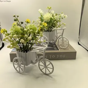 Mini Bicycle Planter Decor with Artificial Green Plants, Cute Desktop Ornament with Flower Basket, Vintage Style Plastic Bonsai Decoration for Home, Office, Bedroom, Shelf Styling, Photography Props, and Unique Gift Ideas