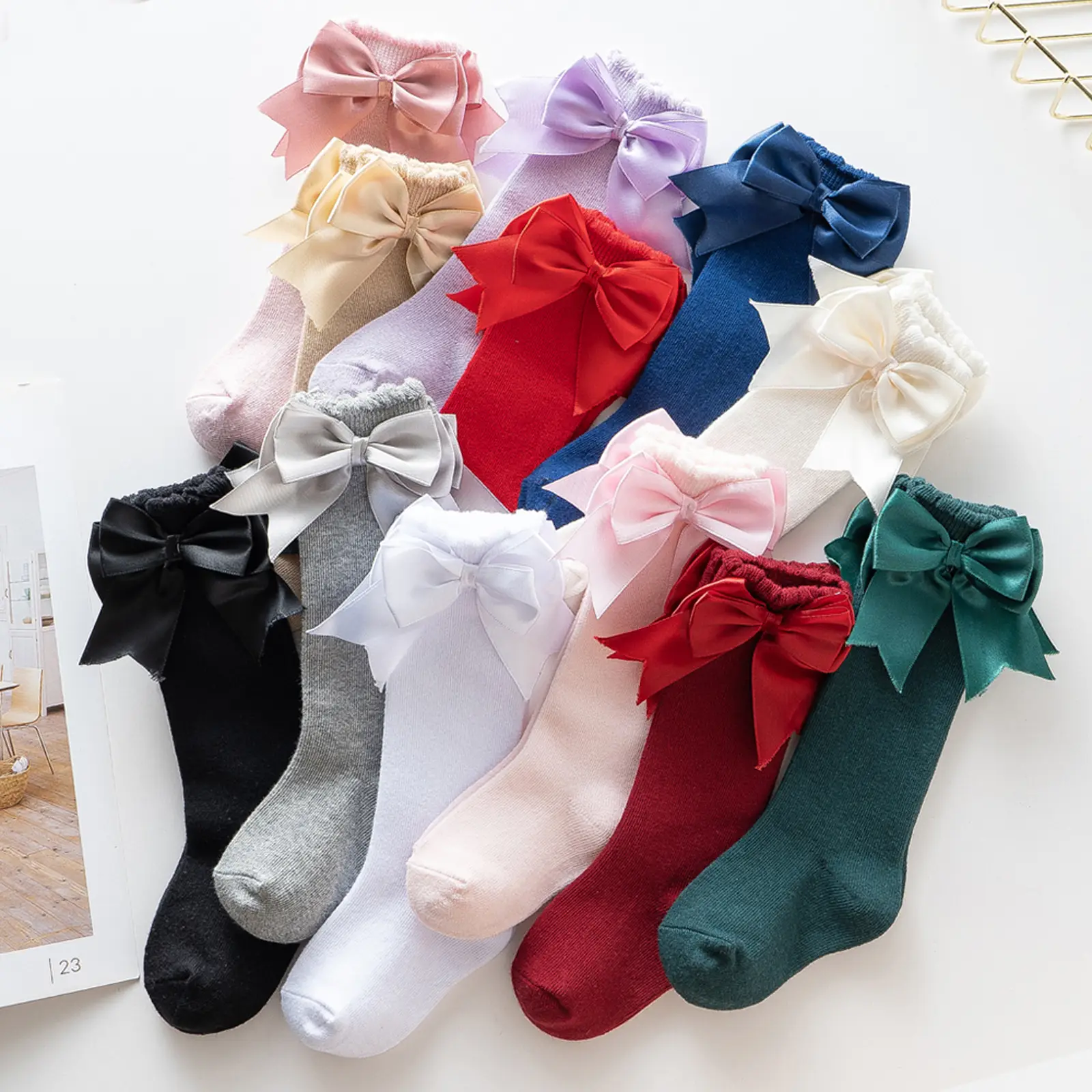 Baby Knee High Socks Girls Bow Ruffled Tube Socks Toddlers Infant School Uniform Leggings Long Stockings