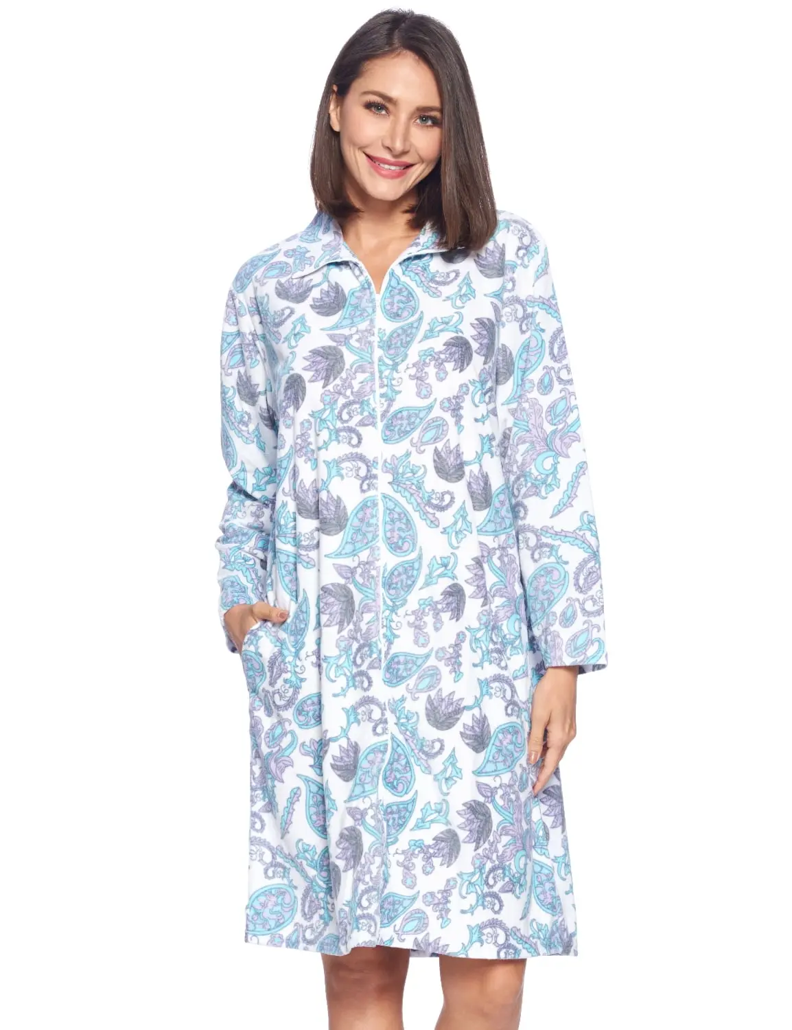 Casual Nights Women's Printed Micro Fleece Zip-Up Long Sleeve Relaxed Fit Duster Robe - Mom Fashion Bathrobes & Dressing Gowns with Zipper, Pockets for Maternity Loungewear