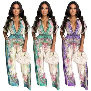 two-piece set woman Women Summer 2025 Trendy Floral Print Vintage Wide Leg Jumpsuits Sexy Deep V Neck One Piece Vacation Beach Outfits Romper