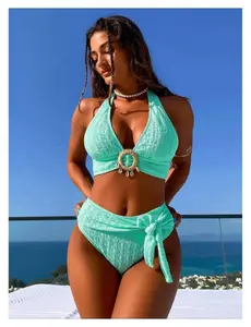 Mint Green Bikini Set - Halter Swimsuit for Women, High Waisted Two Piece Bathing Suit, Textured Fabric, Stretchy & Comfortable, Summer Beach Pool Swimwear