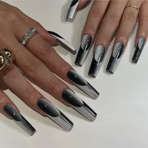 Black Gray Jade Long T False Nails | Press on Nails 24 Pics | Free Took Kit |Gift for Girlfriend  | Nail Wraps for Women | Gift for Her