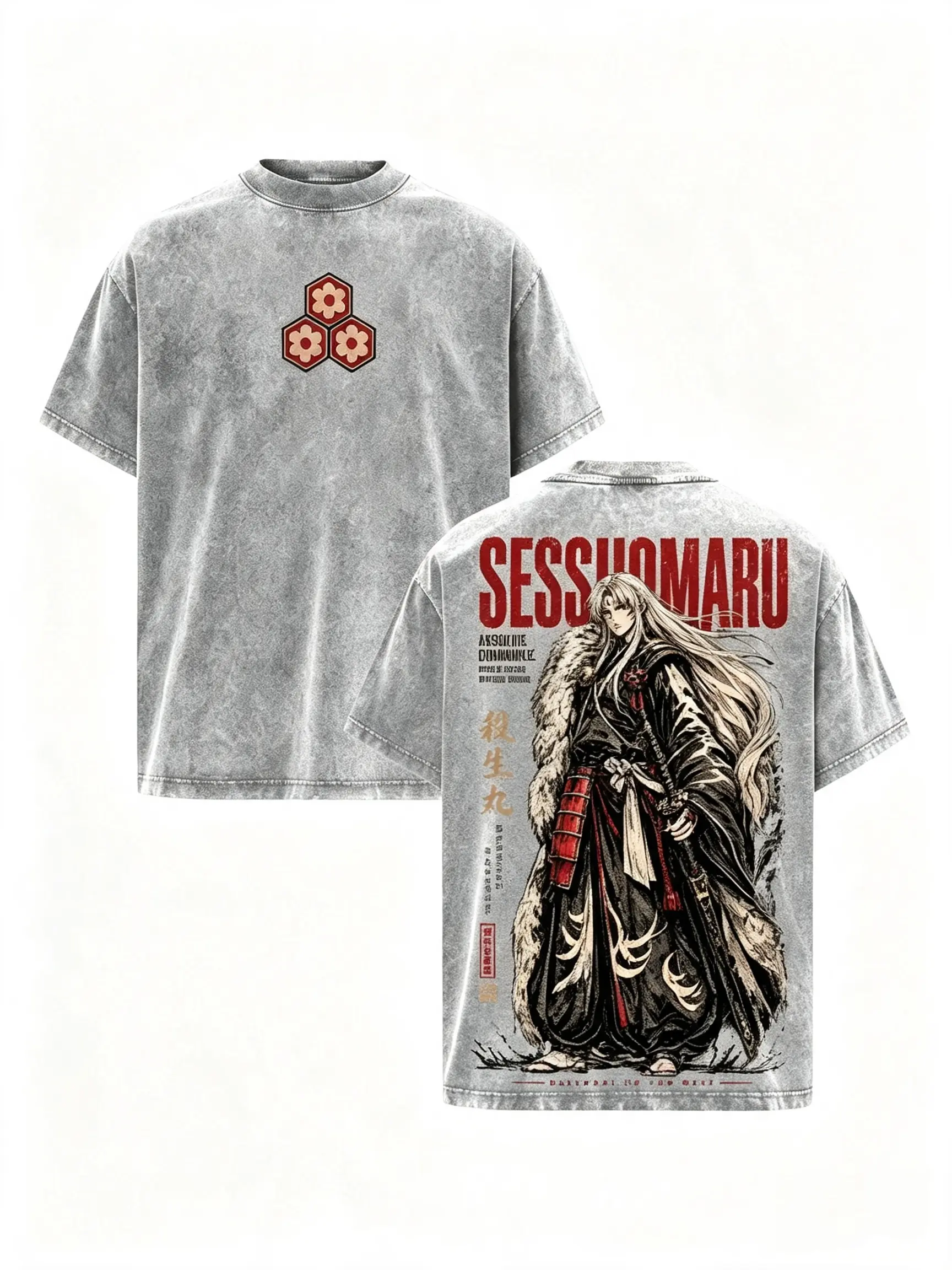 Sesshomaru T-Shirt Washed – Inuyasha Anime Manga Graphic Double Printed Tee, Menswear Heavy Cotton Unisex Oversize  Vintage Edition, Japanese Anime Fan Gift Apparel soft casual streetwear top print