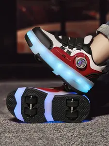 Boys Four-Wheel Multifunctional Roller Skates, New Wheel Sports Shoes, Adjustable Rotating Buckle, PU Leather, LED Light, USB Charging