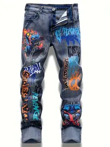 Men’s Y2K European/American fashion printed straight-leg distressed jeans