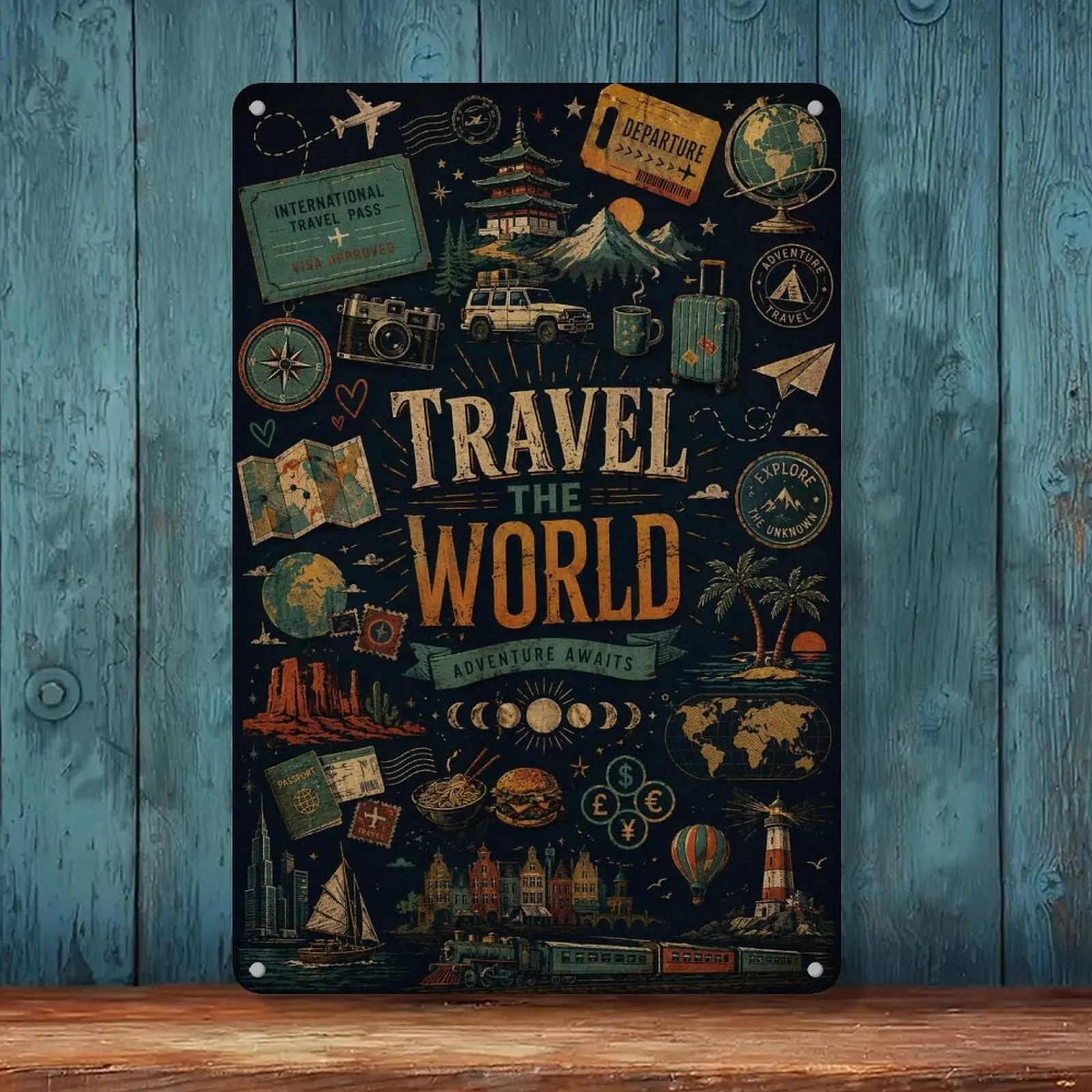 Vintage Travel The World Tin Sign (8x12 in) - Map Wall Hanging, Home Supplies, Bar & Bedroom Adventure Wall Decor for Travel Lovers, 8X12 Inch