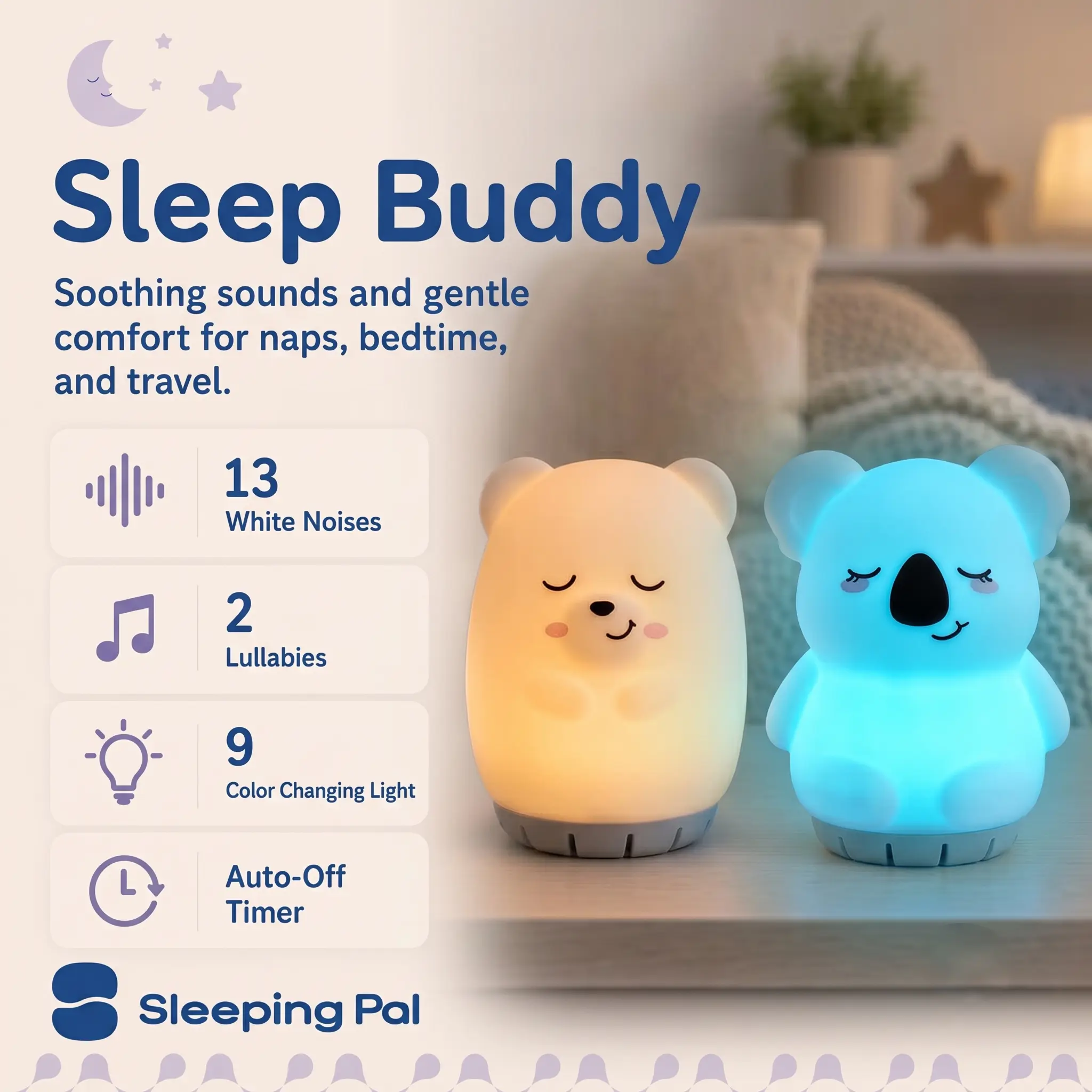 SleepingPal Sleep Buddy Baby Comforter Sleep Aid - BPA-Free Silicone, Animal Shapes (Koala & Bear), White Noise, Color Changing Light, Lullabies, Record Voice Feature for Infants, Sleep Aids, Babies And Toddlers