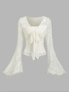 Women's Floral Lace Tee, Elegant Fashion Casual Long Sleeve Top for Daily Outdoor Wear, Women's Clothing for Fall, Womenswear