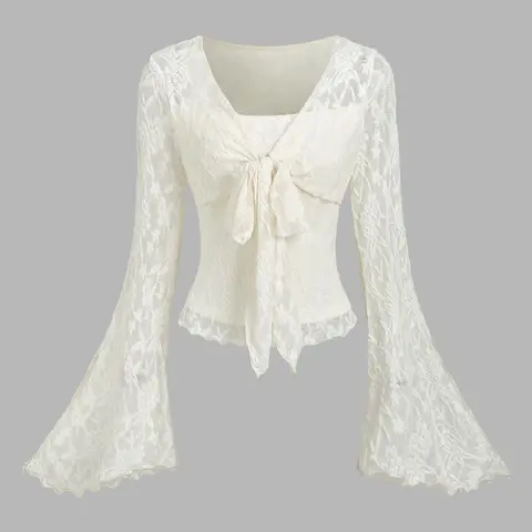 Women's Floral Lace Tee Shirts, Elegant Fashion Casual Long Sleeve Top for Daily Outdoor Wear, Women's Clothing for Fall, Womenswear, Casual Classy Elegant