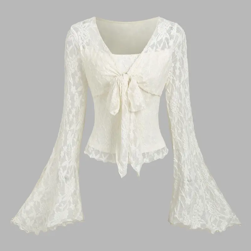 Women's Floral Lace Tee Shirts, Elegant Fashion Casual Long Sleeve Top for Daily Outdoor Wear, Women's Clothing for Fall, Womenswear, Casual Classy Elegant
