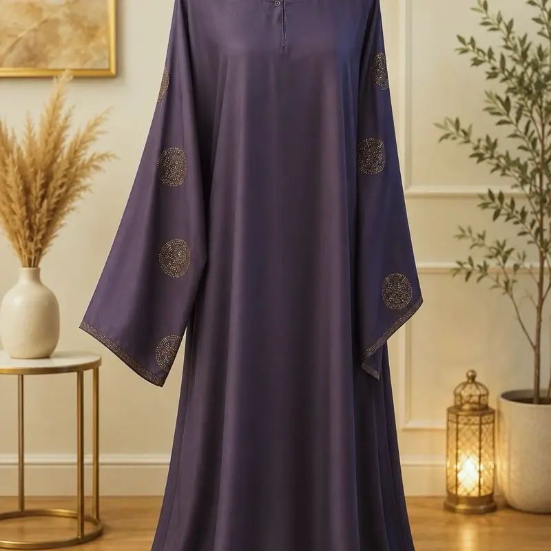 Women's Dark Blue Silk Satin Abaya Kaftan, Long Sleeve Maxi Dress with Rhinestone Trim, Luxury Evening Wear