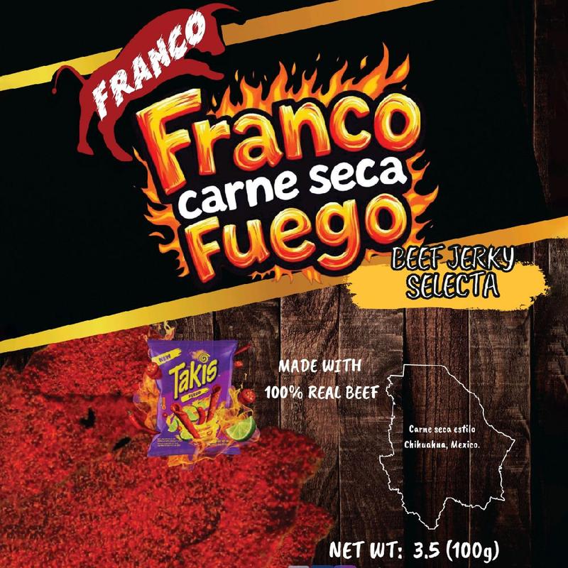 Franco Carne Seca Fuego Beef Jerky Spicy Snack 3.5 oz Dry Meat Snack Made with 100% Real Beef Dehydrated Fuego Takis Flavor