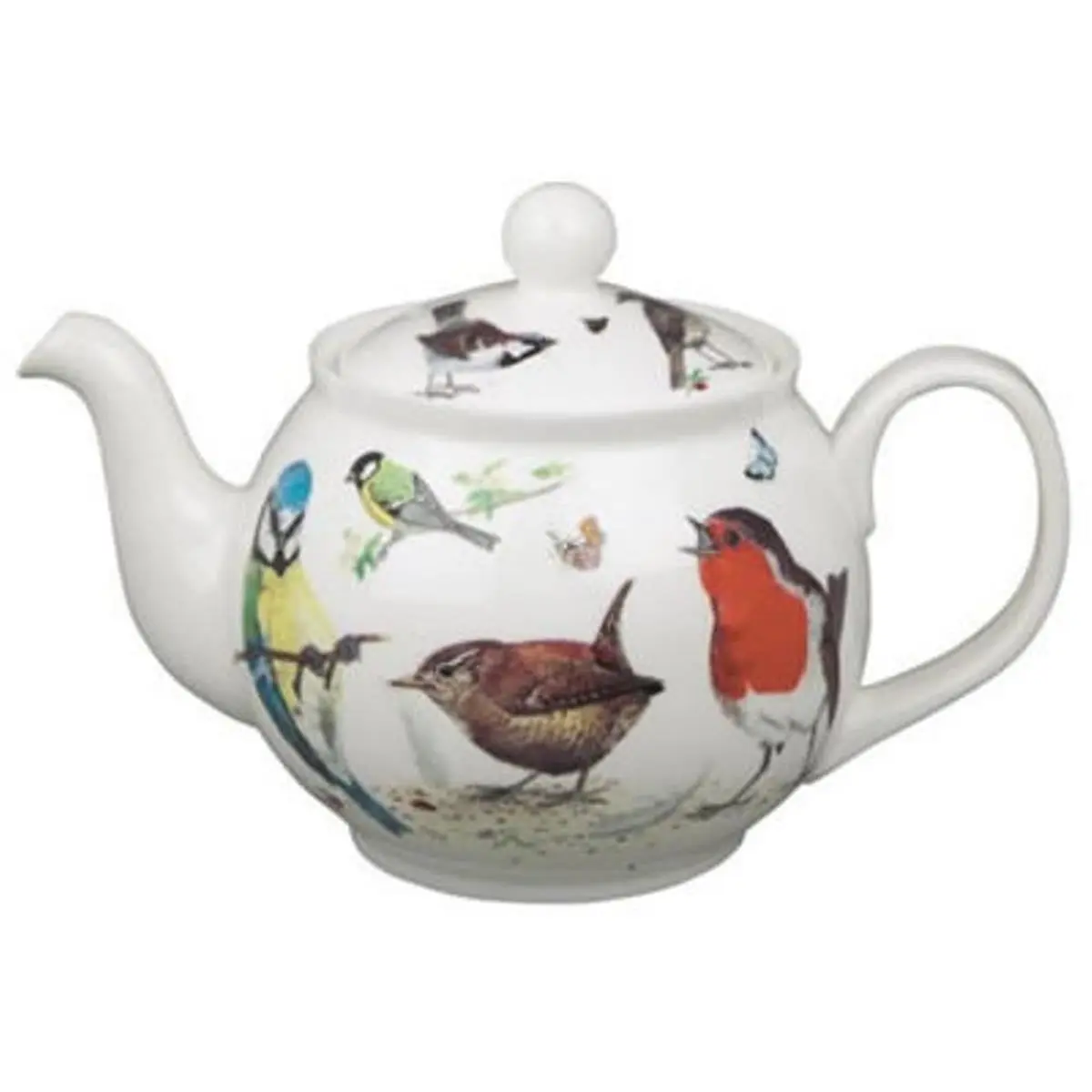 Roy Kirkham 212 MAIN Perfect Teapot - 1000ml Bone China Camp Kitchen Essential for Camping & Hiking, 130mm Diameter, Curved Body, Multi-Color Garden Birds Design with Spout