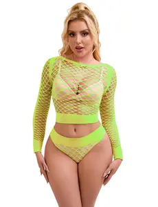 Women Fishnet Lingerie Hollow Out Bodystocking Mesh 2 Piece Outfits Sets Long Sleeve Nightwear Giftideas Women's Fishnet Bodysuit Chemise
