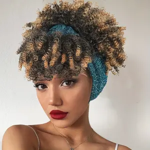 2-in-1 Turban Wig Headband - Synthetic Short Afro Kinky Curly Dark Brown with Bangs, Drawstring High Puff, Wrap Wigs, Headwrap Wigs Attached Headband, Perfect for Updo, Music Festival, and Everyday Wear