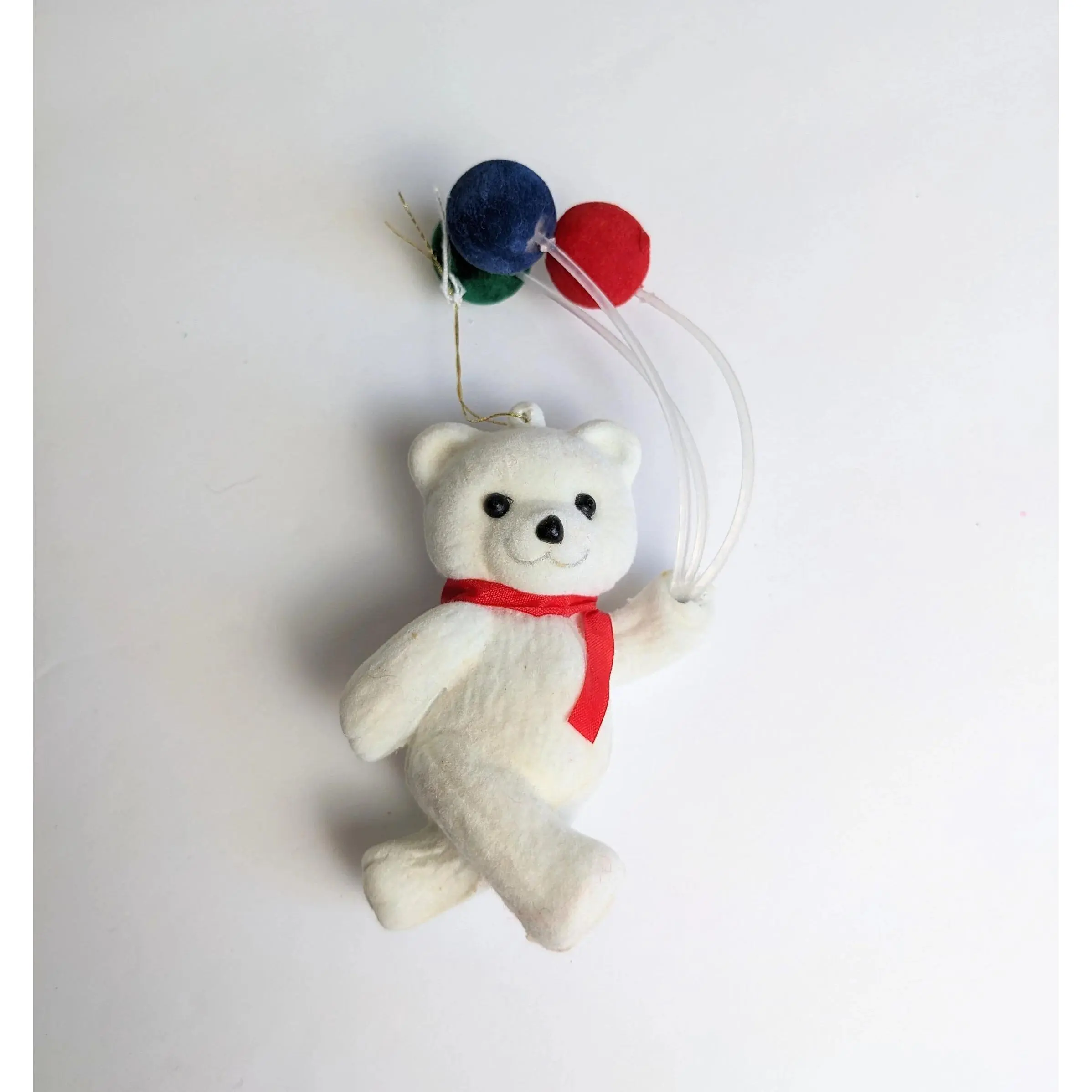 Vintage Flocked Teddy Bear with Balloons Christmas Ornament