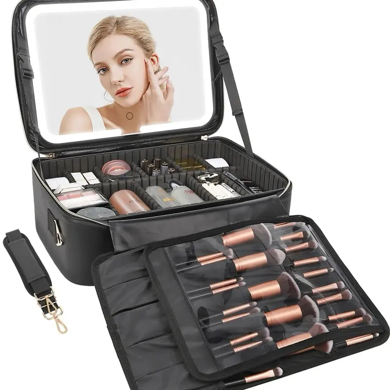 Relavel Makeup Bag with LED Mirror 16.2 inches Large Professional Makeup Case for Makeup Artists Travel Portable Cosmetic Organizer Storage Box for Women Vanity Case with 3 Colors Lighted Mirror