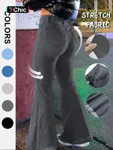 Women's Bell Bottom Flare Jeans Mid Rise Denim Pants Destroyed Raw Hem Denim Pants Casual Fashion Denim