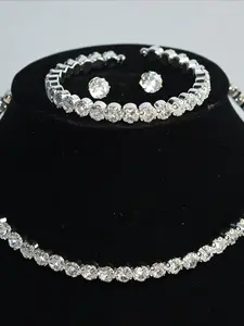 Elegant Women's Rhinestone Necklace Bracelet Earrings Set, Glamour Set, Silver Color Jewelry for Banquets Weddings Fashion Shows