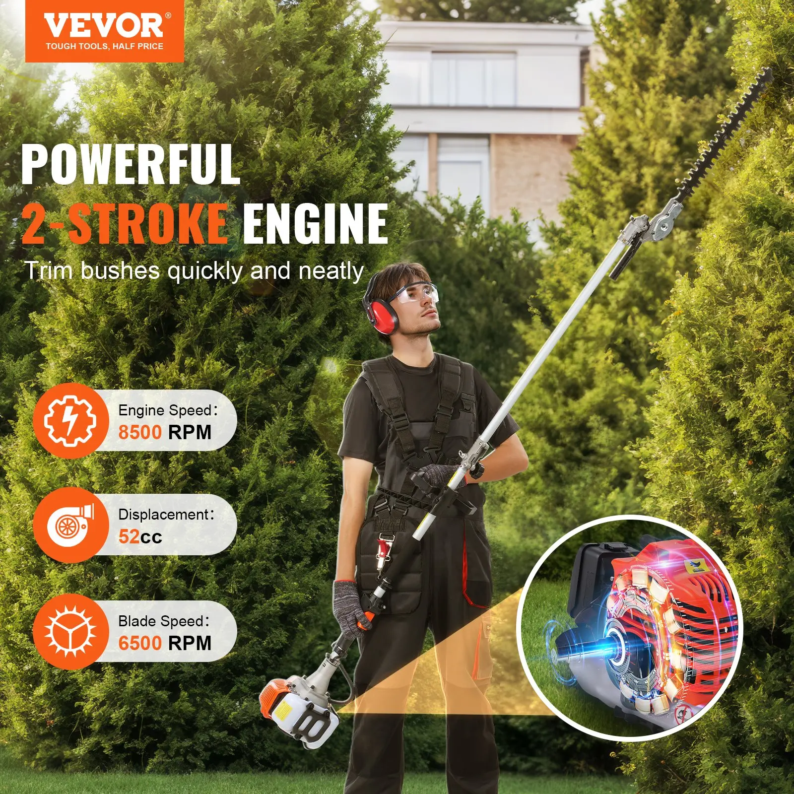 VEVOR 52CC 6-in-1 Multi-Functional Trimming Tools, Gas Hedge Trimmer, Weed Eater, Portable String Trimmer, Brush Cutter, Edger, Pole Saw Chainsaw Pruner with Extension Pole Blades Lawn Garden Home Cutting