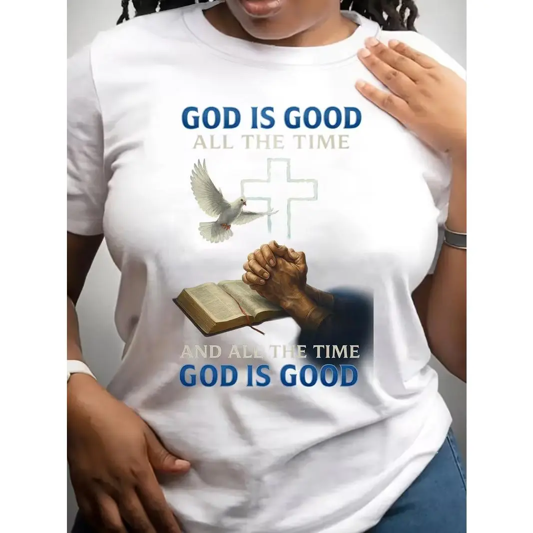 Pray to God Printed T-Shirt, Fashionable Style, Women'S Casual Short-Sleeved T-Shirt, Round-Neck Top, Patterned Printed Round-Neck T-Shirt