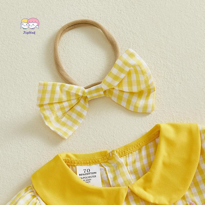 Baby Girl Easter Outfits Short Sleeve Chick Embroidery Romper with Headband Set Newborn Clothes