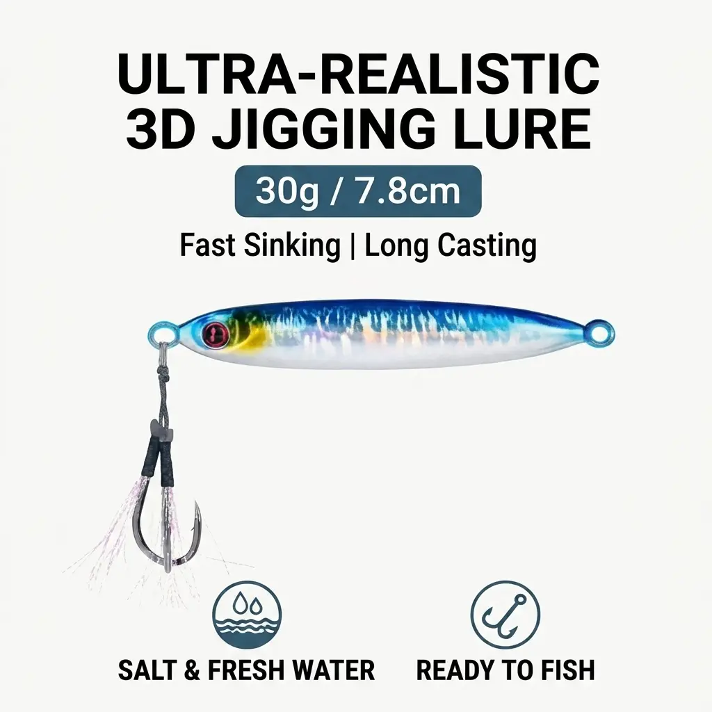 Ult30g 7.8cm Fast Sinking Metal Jig Lure 3D Realistic Laser Jigging Bait Long Casting Hard Fishing Lure For Saltwater Freshwater Shore Boat Deep Sea Fishing