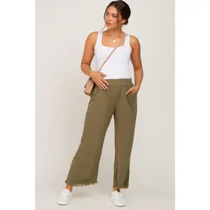Olive Linen Frayed Hem Crop Maternity Pants