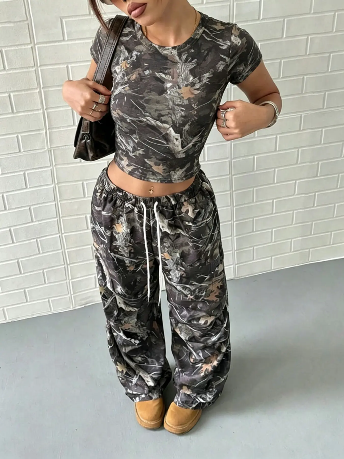 2-Piece Set, American Style Dead Branch Print Short Sleeve + Long Pants, Sweet Cool Girl Fashion, Slim Fit Top, Casual for Women