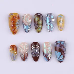 Free Style Press On Nails with Brown & Blue Abstract Swirl | Chrome Fake Nails in Medium Almond | Handmade Nail Art for Statement Looks | Emo nails