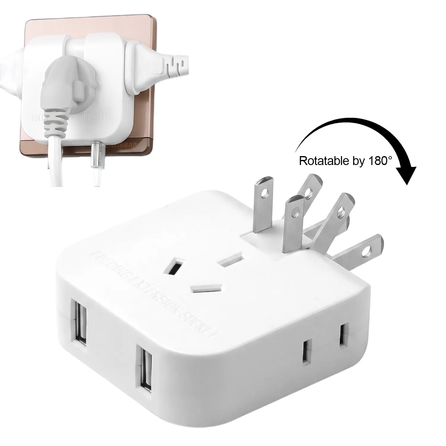 NUYETE 5-in-1 Wall Outlet Extender, 180° Rotatable Foldable Plug Adapter with 3 AC Outlets & 2 USB Ports, Compact Space-Saving Travel Power Adapter for Home, Office and Travel