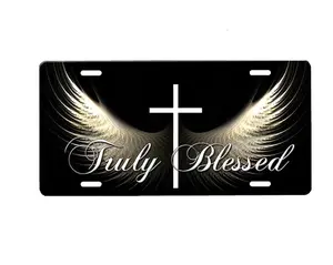 Truly Blessed Angel Wings Christian License Plate – Religious Faith Cross and Wings, Inspirational Aluminum Car Tag, 12"x6", Pre-Drilled