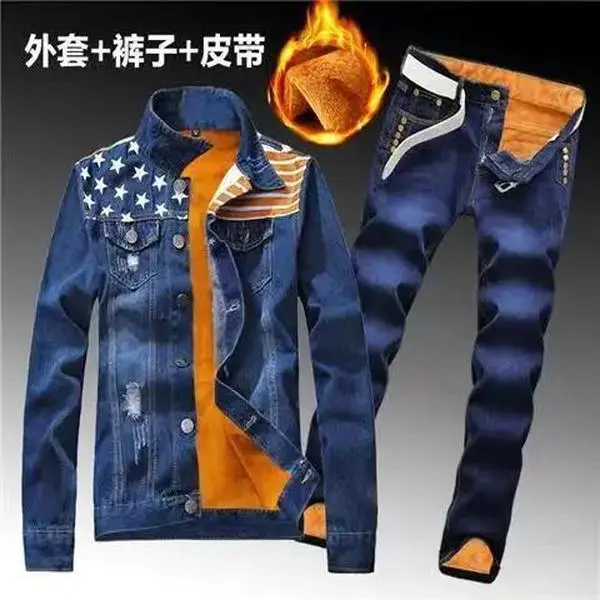 WinterMenFleeceLiningThickWarmDenimTwoPieceSetSlimFitCowbodyJacketJeansSuitCargoSets WinterMenFleeceLiningThickWarmDenimTwoPieceSetSlimFitCowbodyJacketJeansSuitCargoSets