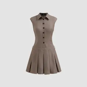 Cider [size 0-10] Collar Houndstooth Button Pleated Mini Dress