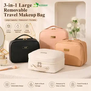 3-in-1 Large Removable Travel Makeup Bag, Large Capacity Cosmetic Bags with Makeup Brush Storage, Portable Waterproof Recumbent Cosmetic Cases, Cute Toiletry Organizer Case for Women