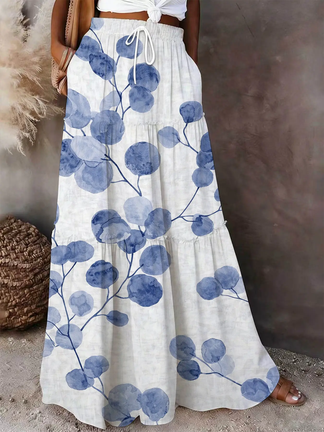 Watercolor Blue Eucalyptus Leaf Print Maxi Skirt, Casual Skirts | Boho Tiered Skirt