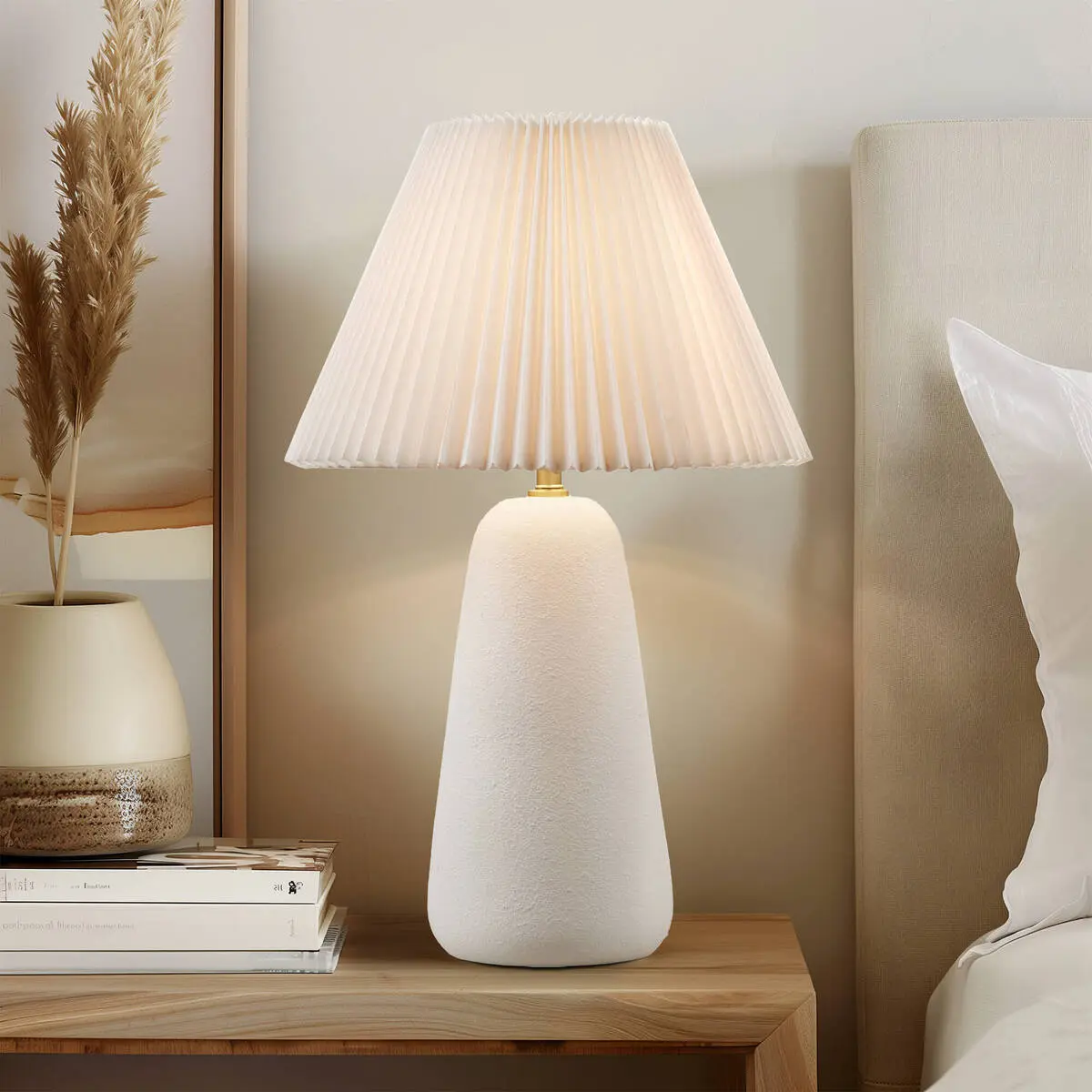 White Textured Ceramic Table Lamp with Fluted Fabric Shade – Modern Accent Light for Living Room, Bedroom, Office, and Side Tables