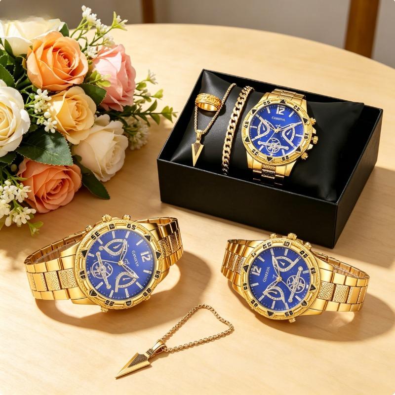 Hip-Hop Style Gold Watch Set | Rugged Chrono + Spear Necklace for Him