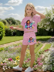 Girls' 3D Short Sleeve Set, Base Candy Colorful Sprinkle Gabor Doll House Print, Outdoor Festival Gift, Birthday Present