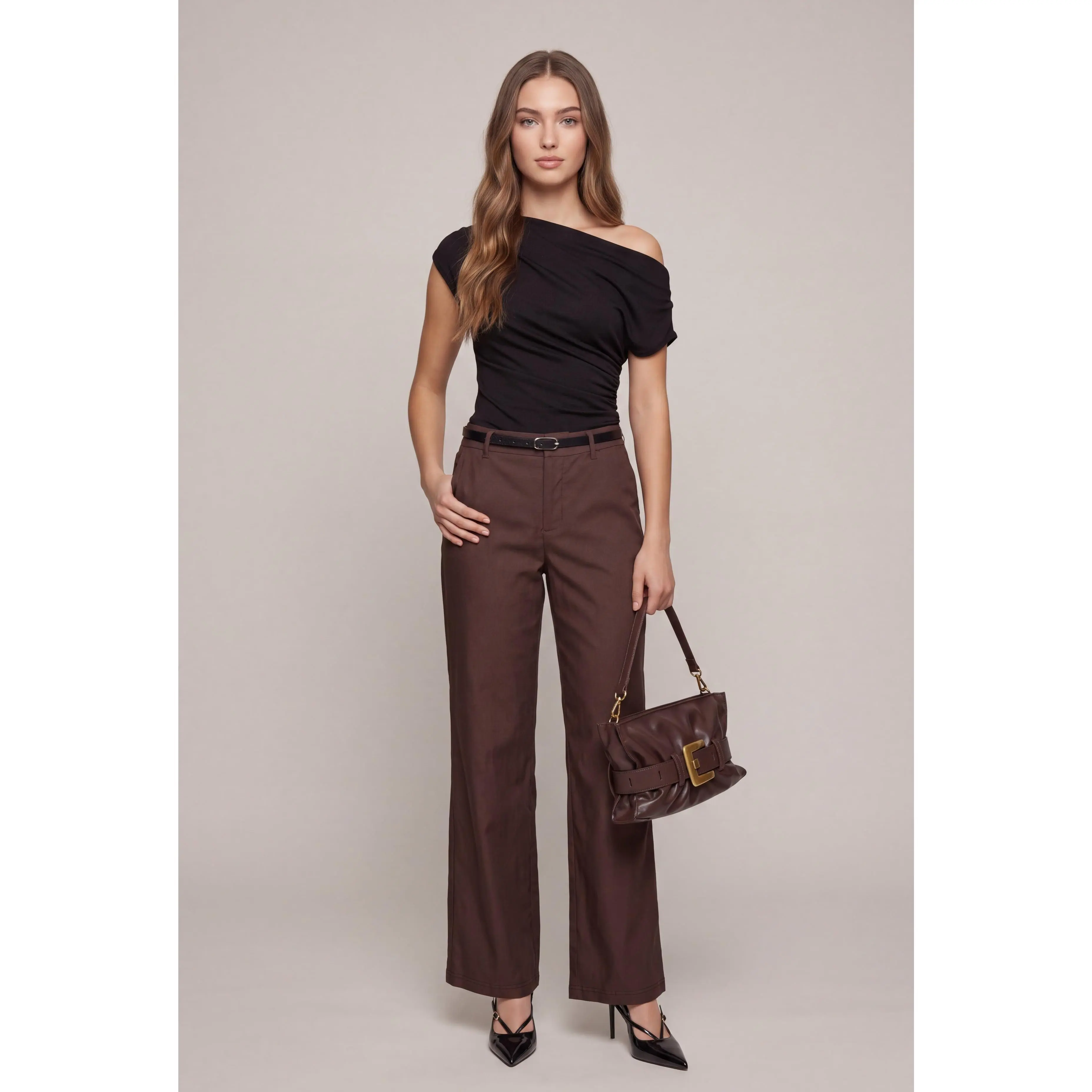 Belted Wide-Leg Dress Pants