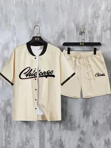 Men's Letter Print Button Front Baseball Collar Neck Shirt & Drawstring Waist Shorts Two-piece Set, Regular Fit Casual Short Sleeve Top & Shorts, Summer Outfits Clothes Set for Men, Menswear