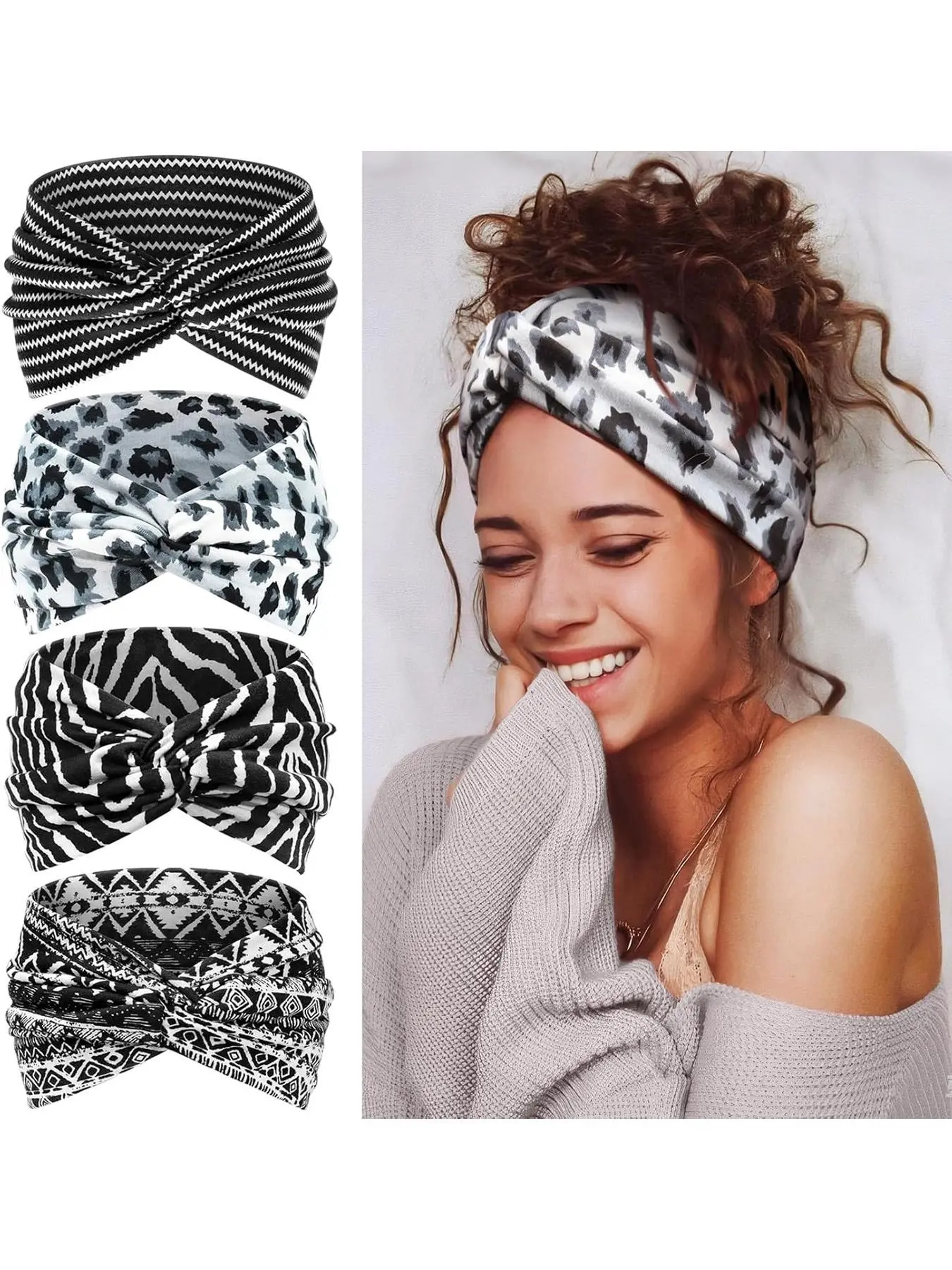 4PCS Women's Headband Elastic Non-Slip Cross Wide Zigzag Headband, Elastic Fashion Headbands, Workout Headband, Sweat-Absorbing Sweat Wicking Sports Headband, Suitable For Yoga Gym, Running, Party Occasions, Headband Set