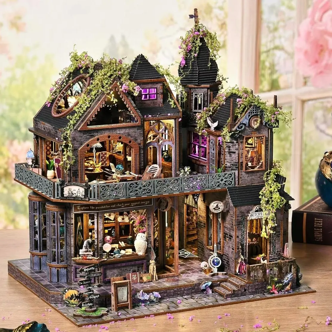 [Magic Castle] Handcrafted Wooden 3D Puzzle Kit - Miniature DIY Book Nook with LED Light, Luminous Crafting Gift for DIY Woodwork Enthusiasts